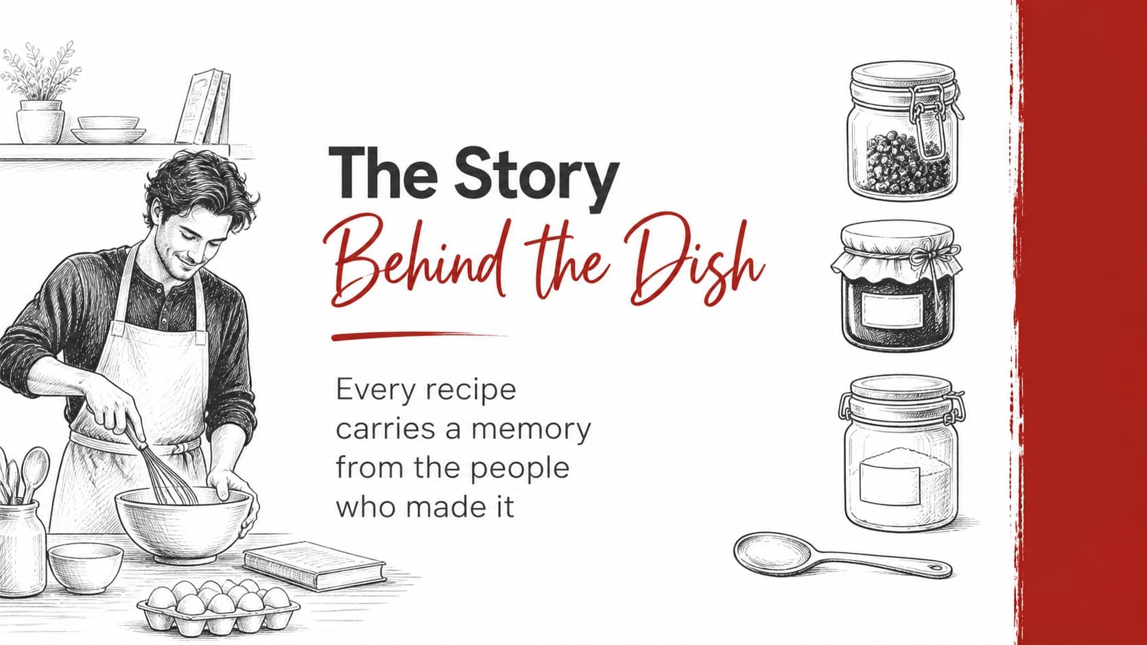 Family recipe story slide with a handwritten-style note and illustrated kitchen objects.