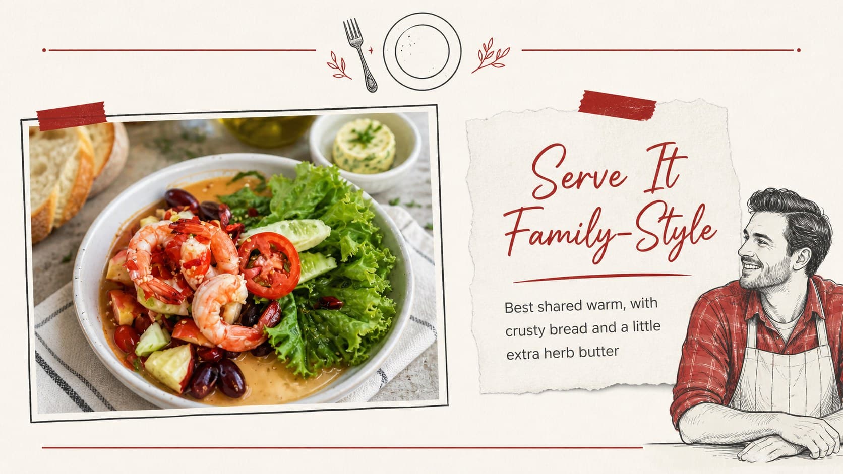 Recipe photo and serving notes slide designed for a nostalgic food storytelling deck.