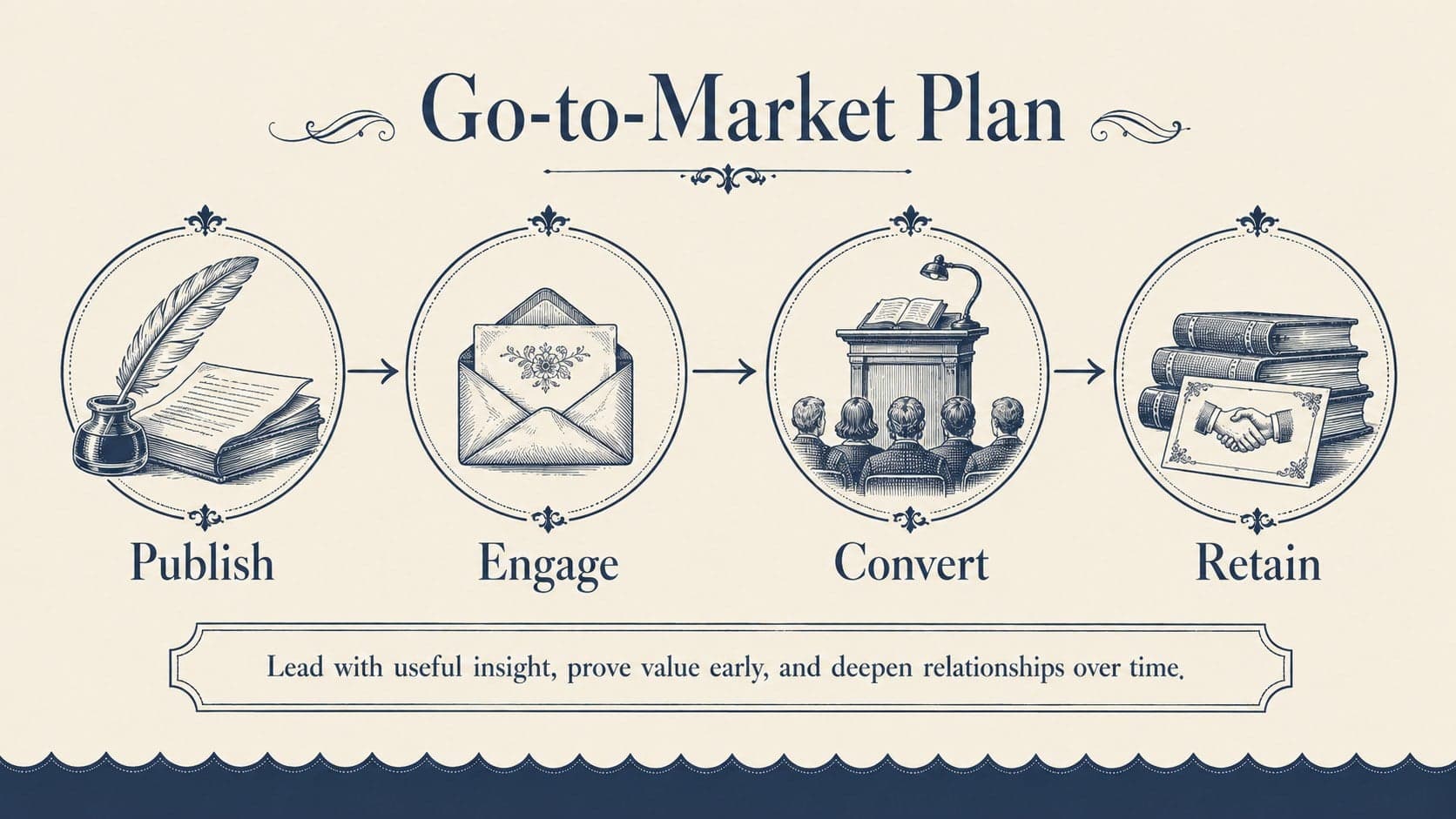 Marketing channels slide for a vintage business strategy presentation with acquisition stages.