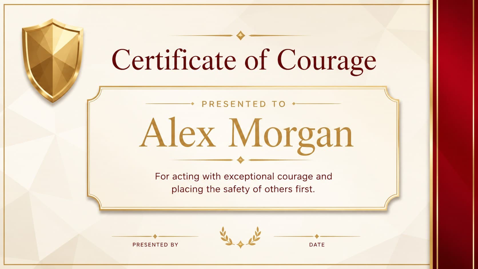 Red and gold bravery recognition certificate with editable recipient and commendation details.
