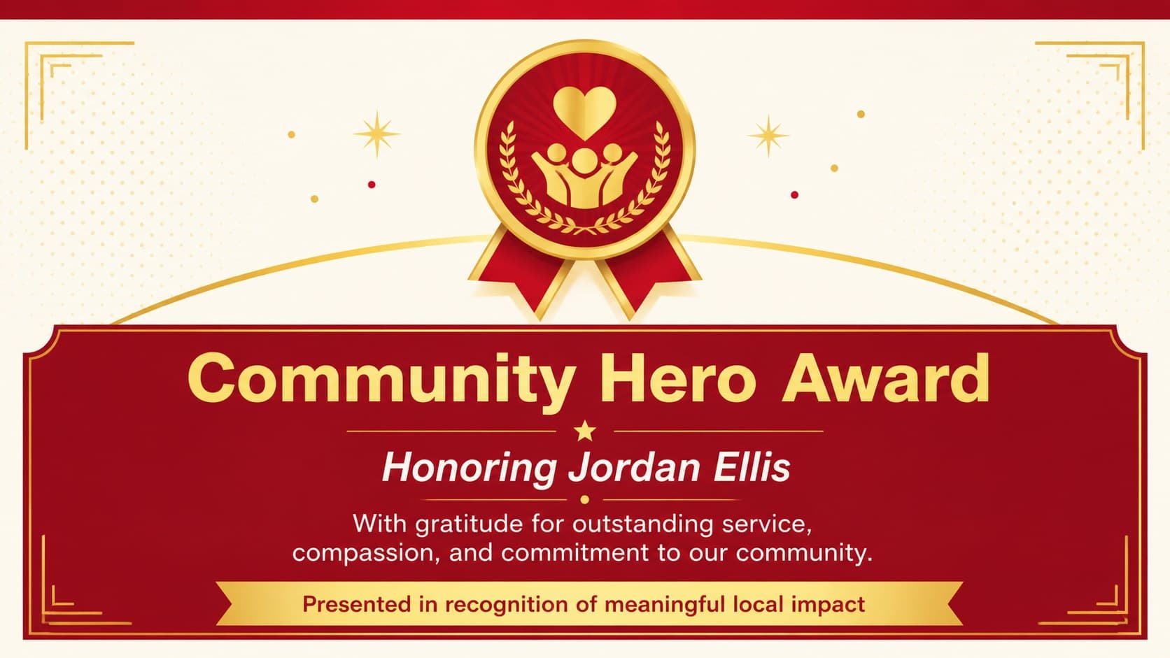 Community hero award template using a minimal yellow, red, and gold certificate layout.