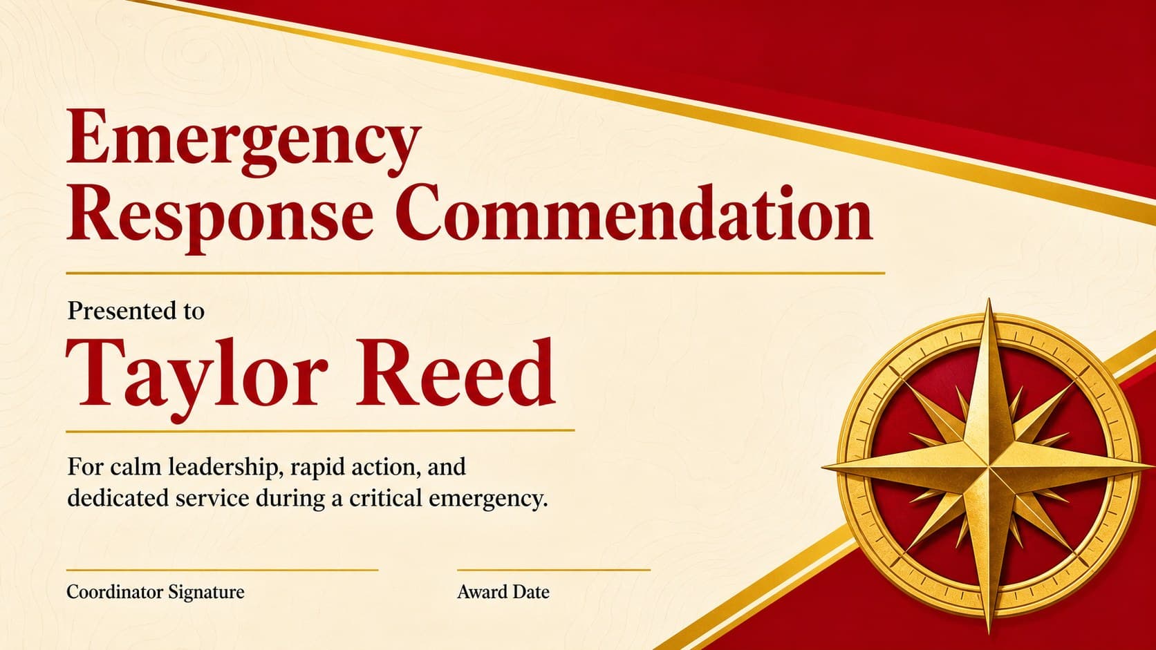 Emergency response appreciation certificate designed in a formal red, yellow, and gold palette.
