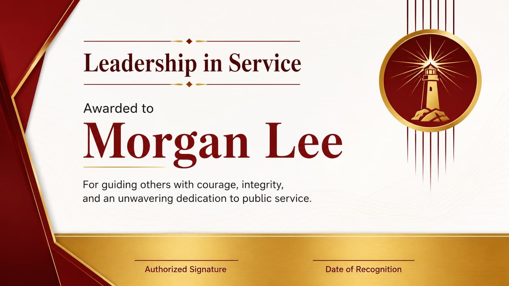 Leadership in service certificate with elegant gold typography and bold red geometric details.