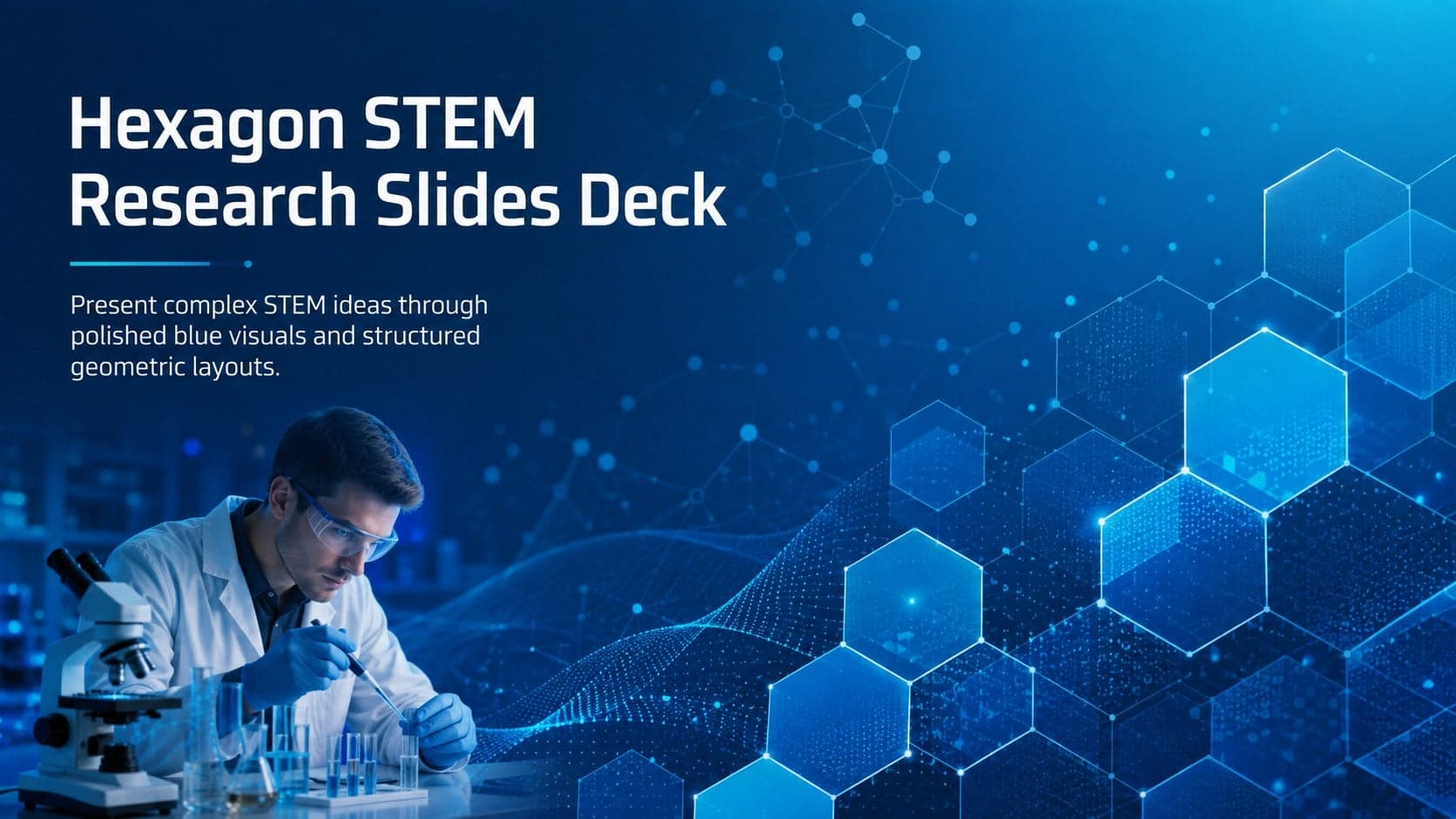 Cover of the Hexagon STEM Research Slides Deck with blue gradients, white typography, and futuristic scientific geometry.
