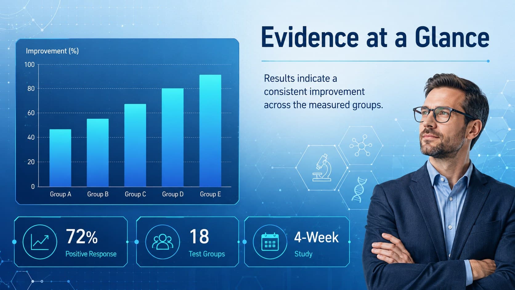 Scientific data visualization slide with editable charts and hexagonal blue research graphics.