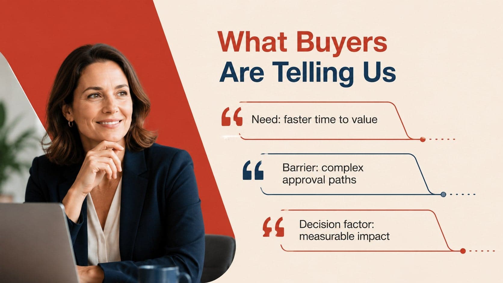 Sales summit customer insights slide summarizing buyer needs, barriers, and decision factors.