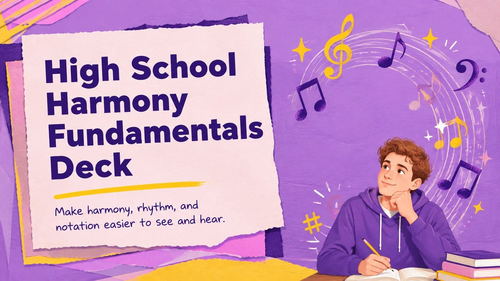 Colorful cover for a High School Harmony Fundamentals Deck with musical notes and playful classroom illustrations.
