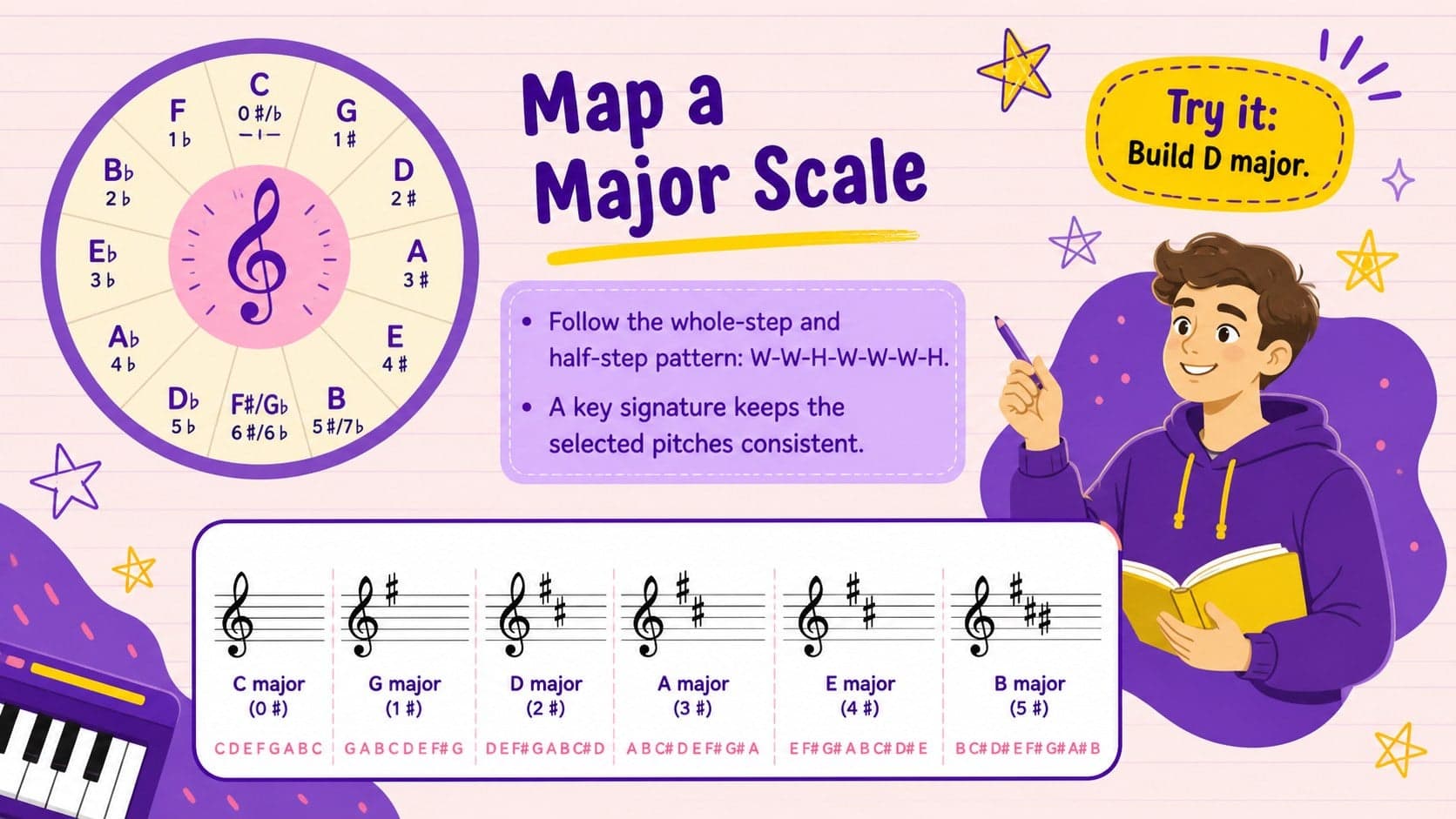 Colorful high school music lesson slide comparing major scales and key signatures.