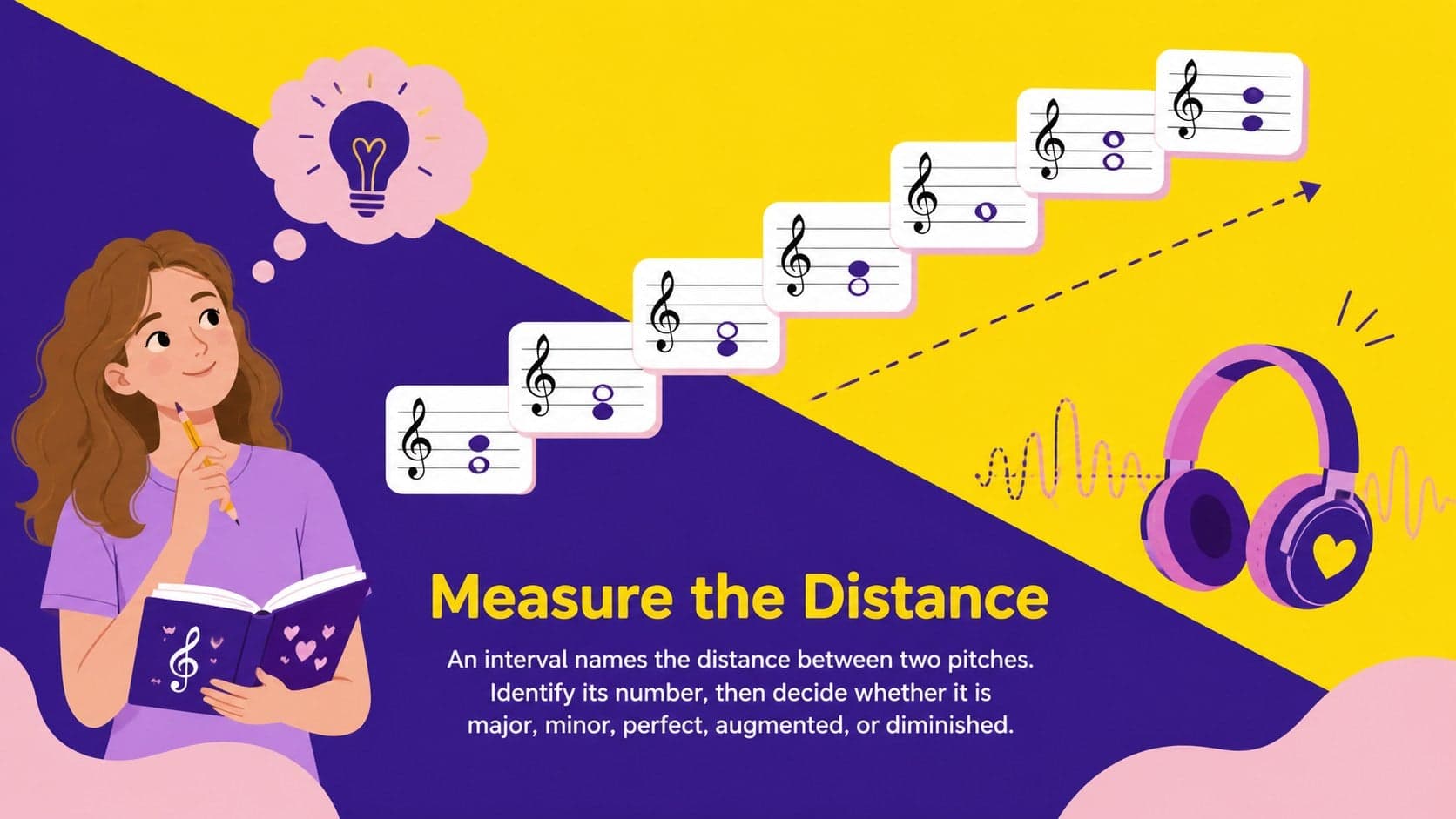 Purple interval recognition slide showing melodic distance examples for an ear training lesson.