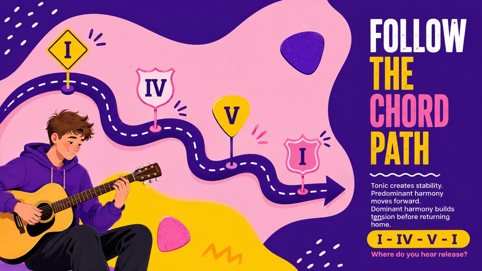 Chord progression teaching deck slide mapping tonic, predominant, and dominant harmony.