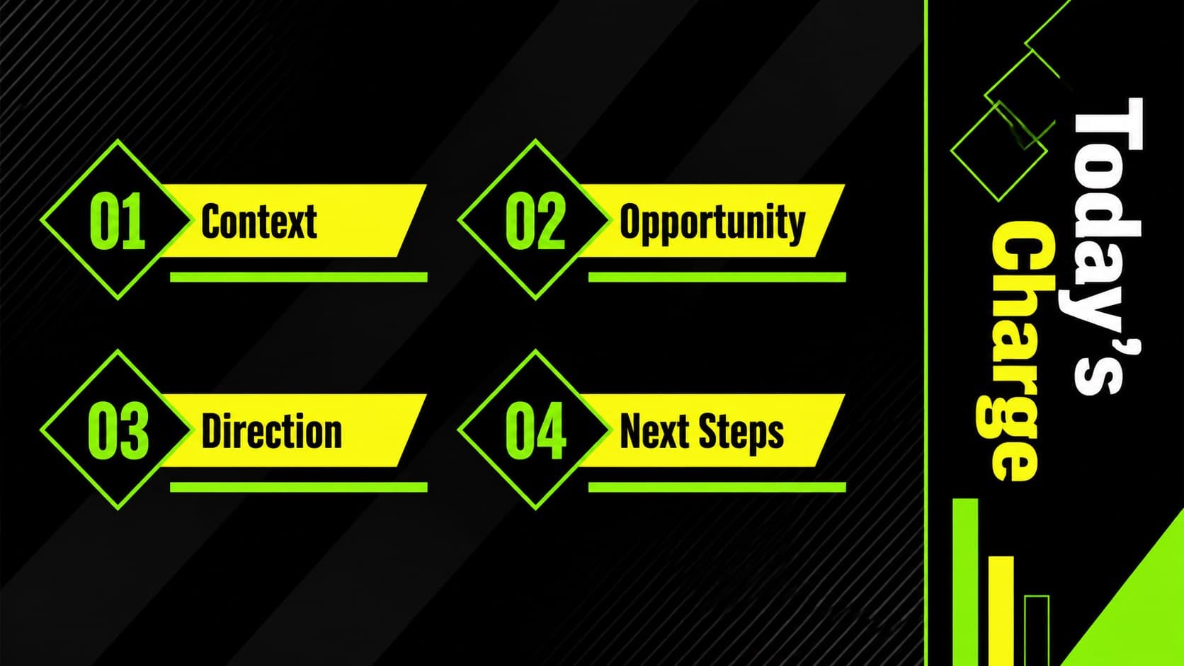 Yellow geometric agenda slide outlining a high-contrast presentation in four concise sections.