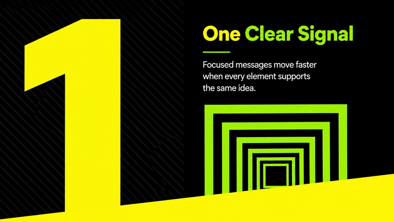 High-contrast startup slide presenting a focused message in black and fluorescent yellow.