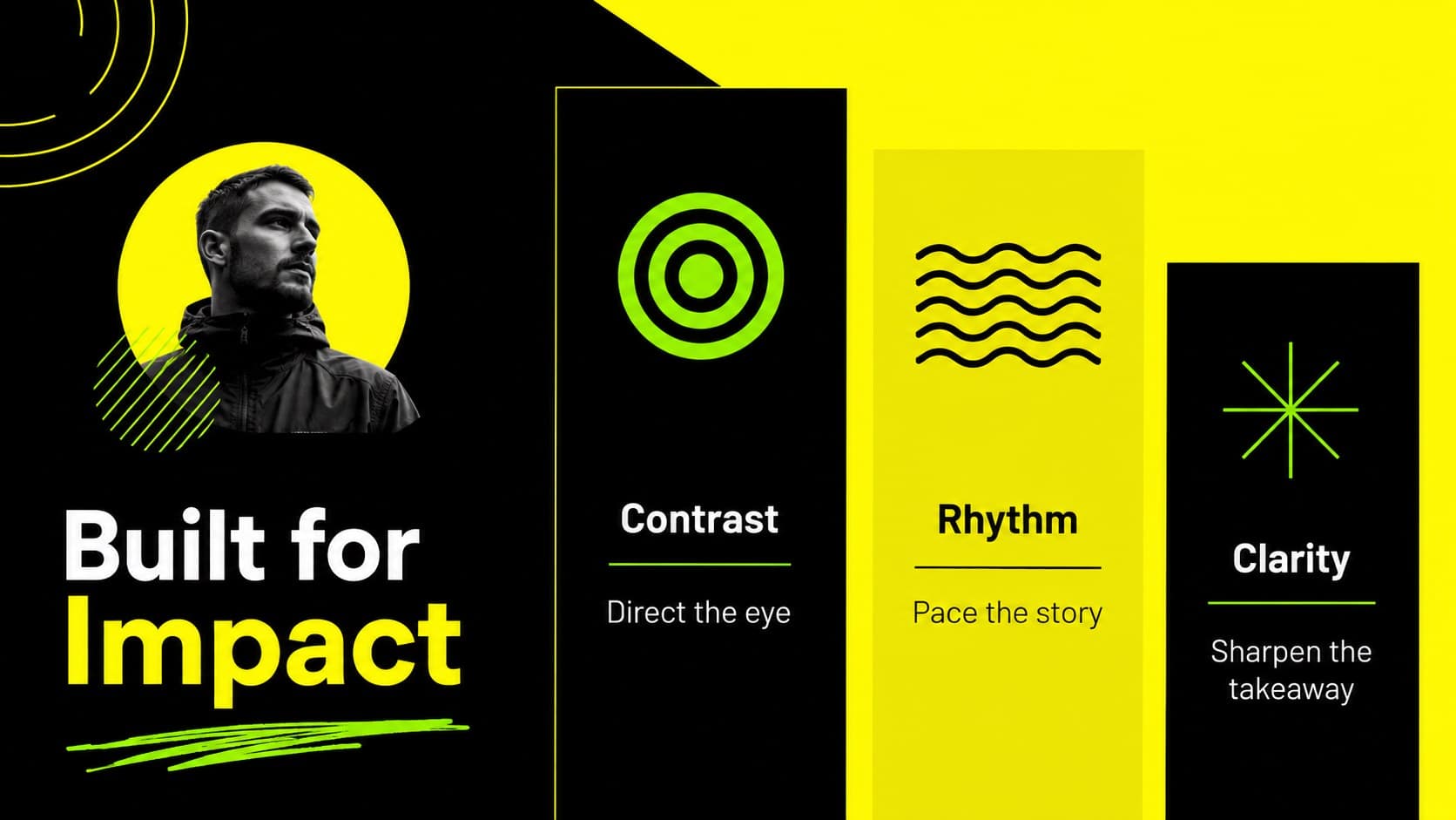 Minimal yellow presentation layout showing three principles for creating visual impact.
