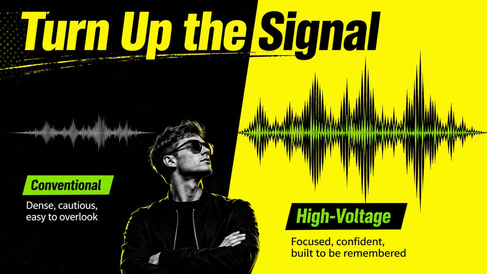 Modern black background slide comparing conventional messaging with a high-voltage approach.