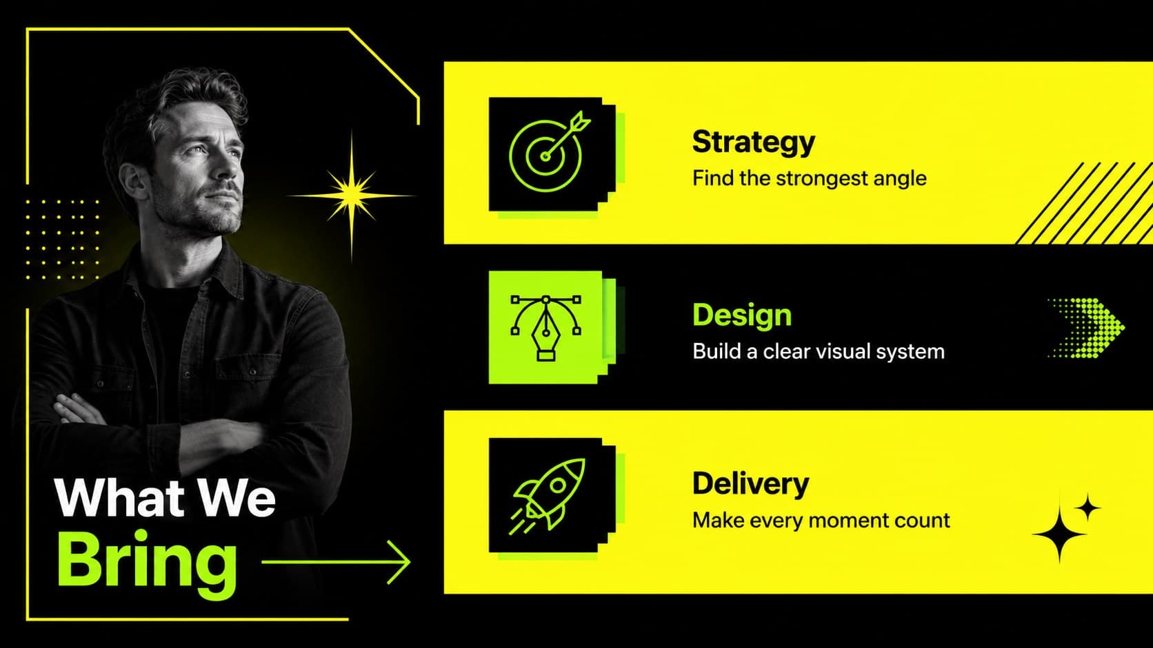 High-contrast presentation slide organizing strategy, design, and delivery into three service areas.