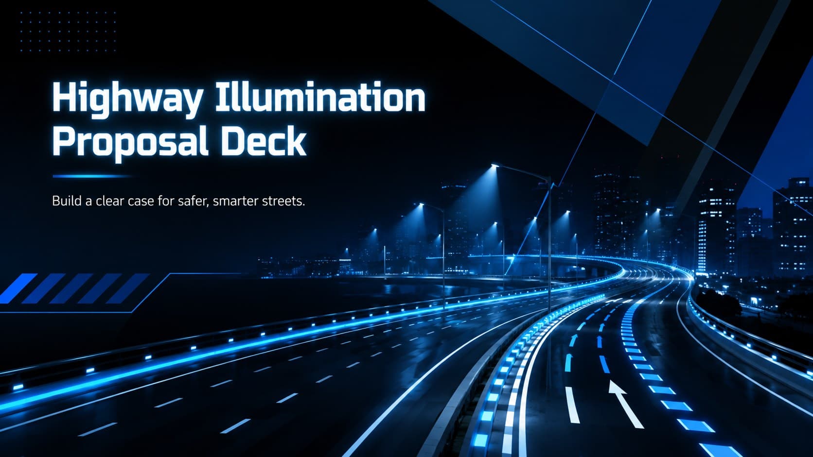 Cover of the Highway Illumination Proposal Deck with an electric-blue highway lighting illustration on a black background.