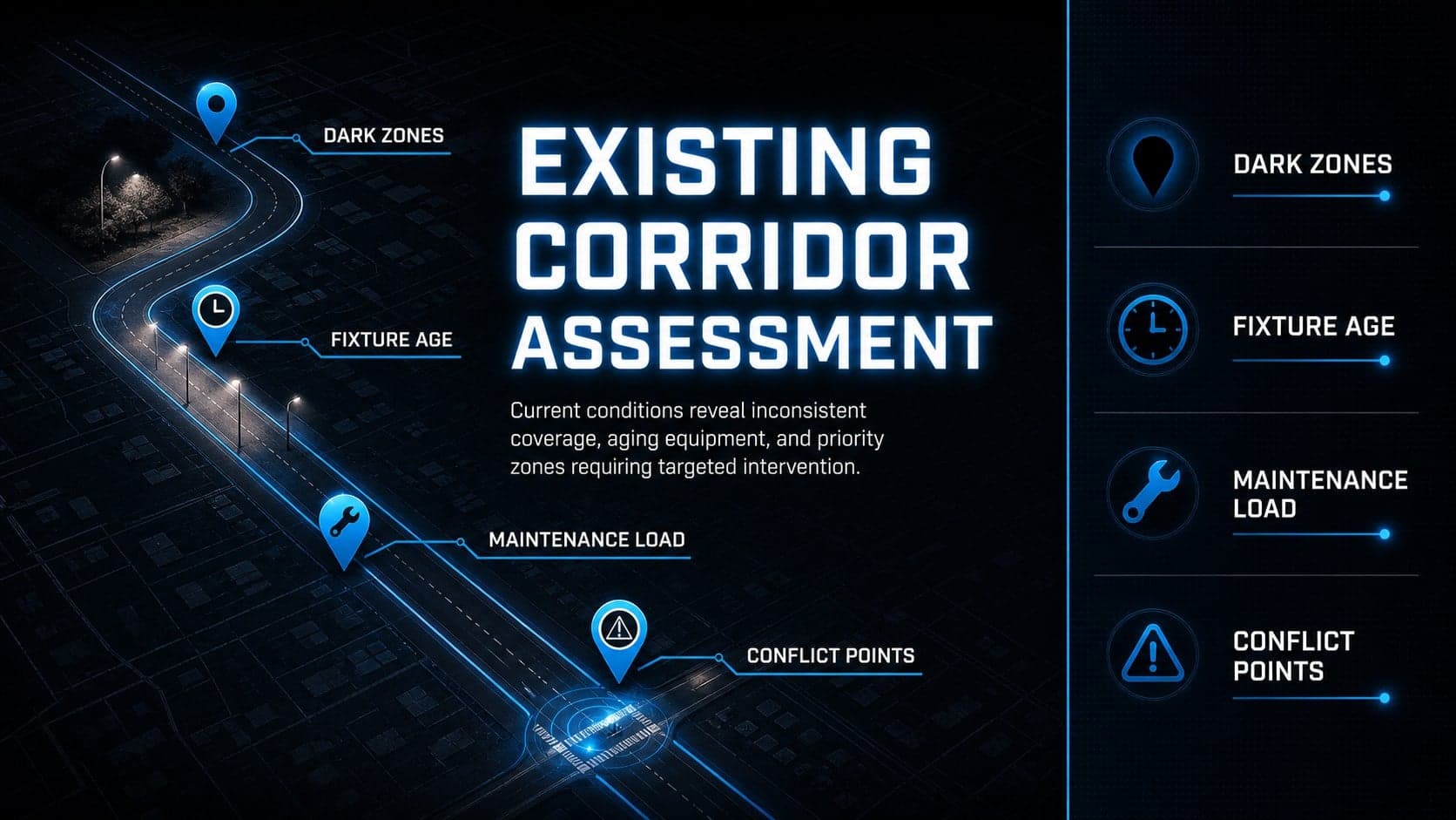 Nighttime corridor assessment slide identifying dark zones, aging fixtures, and maintenance concerns.