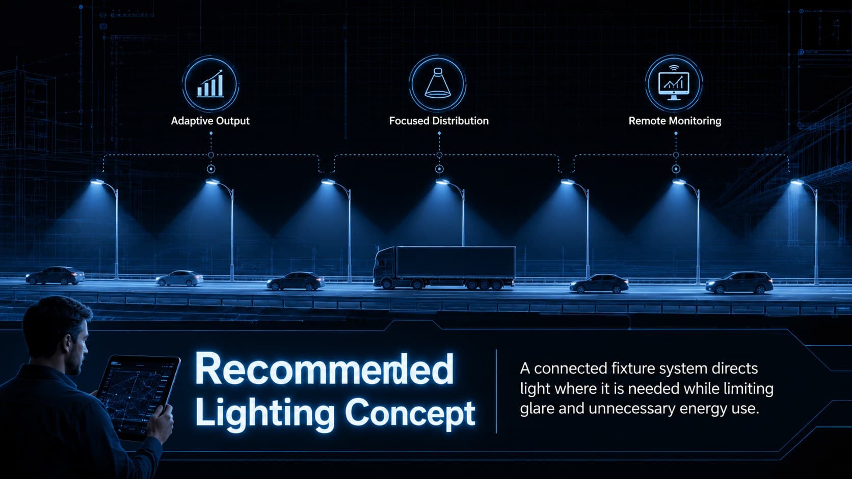 Highway illumination design concept slide showing adaptive fixtures, focused light distribution, and monitoring.