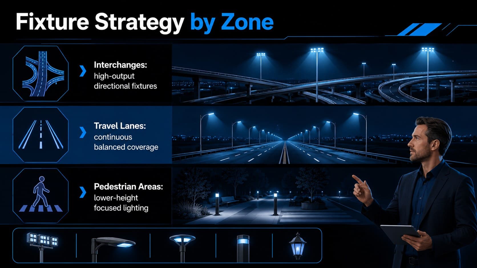 Highway fixture strategy slide comparing lighting treatments for interchanges, travel lanes, and pedestrian areas.