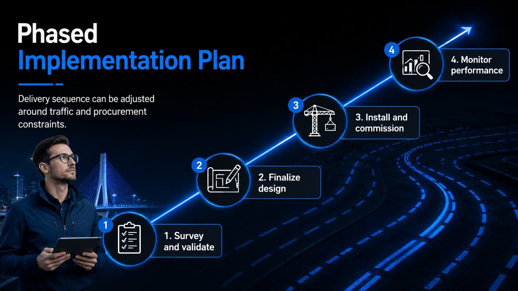 Municipal lighting upgrade presentation slide with a four-phase implementation timeline.