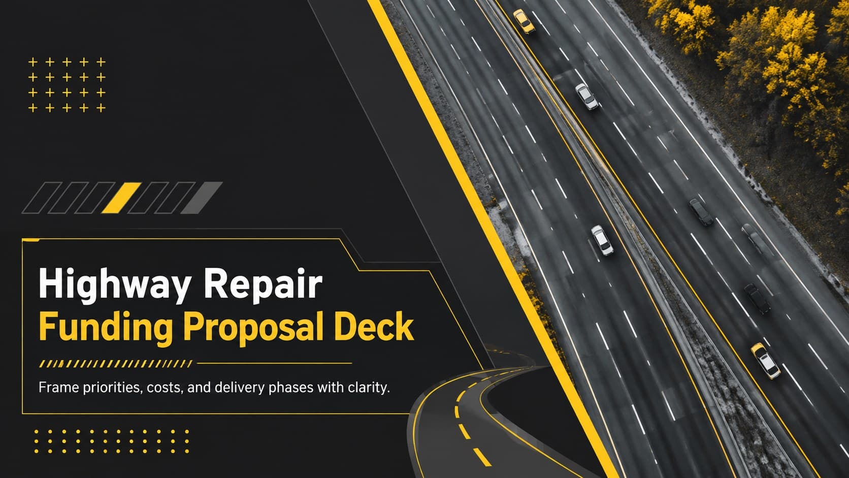 Cover of the Highway Repair Funding Proposal Deck with bold black-and-yellow roadwork graphics.