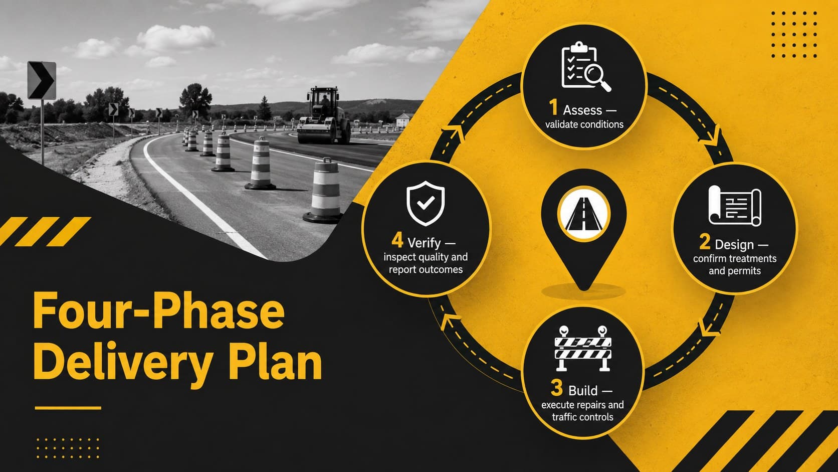 Four-phase delivery plan for a municipal highway repair and resurfacing program.