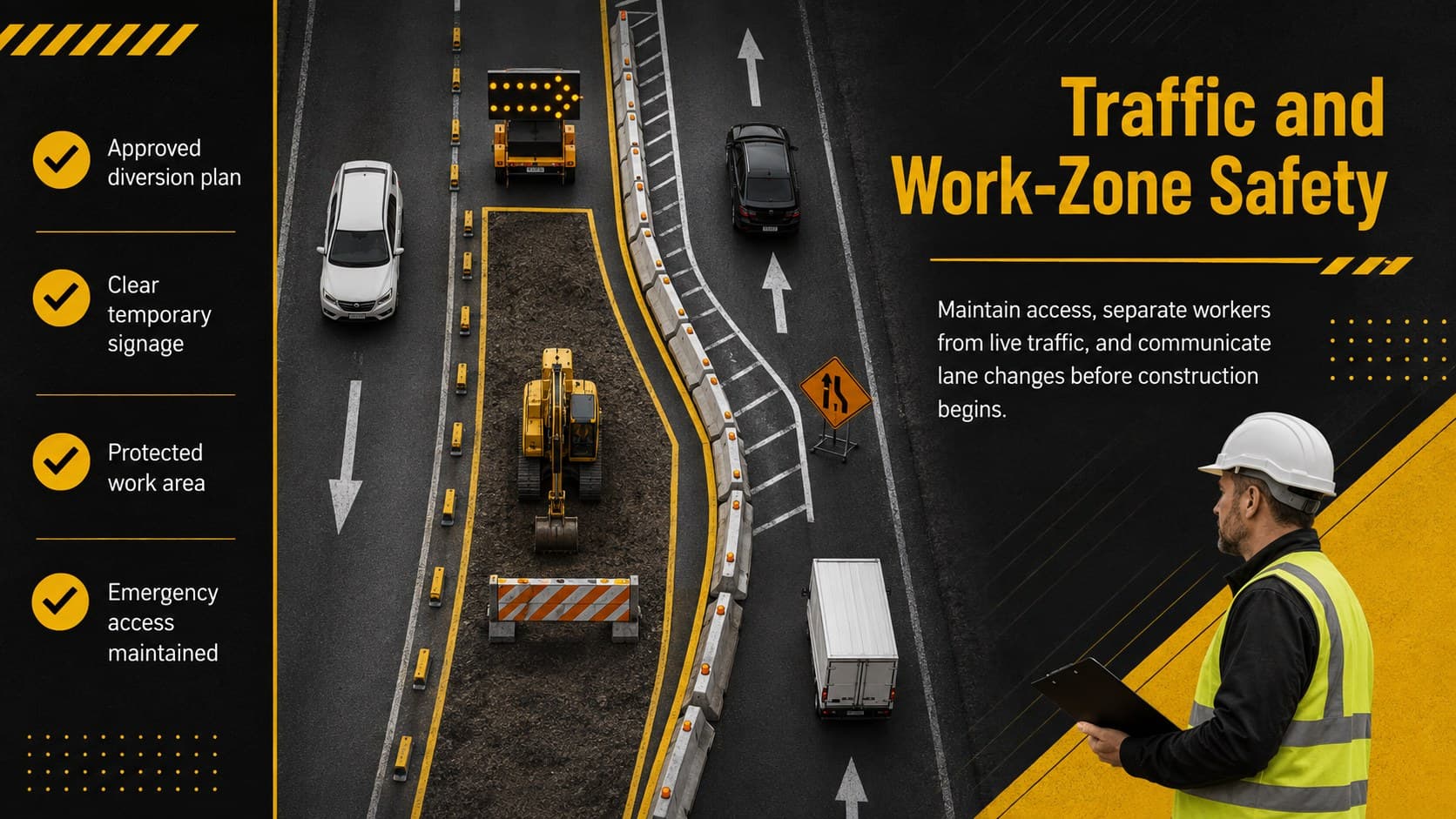 Traffic and work-zone safety slide for an infrastructure maintenance project deck.