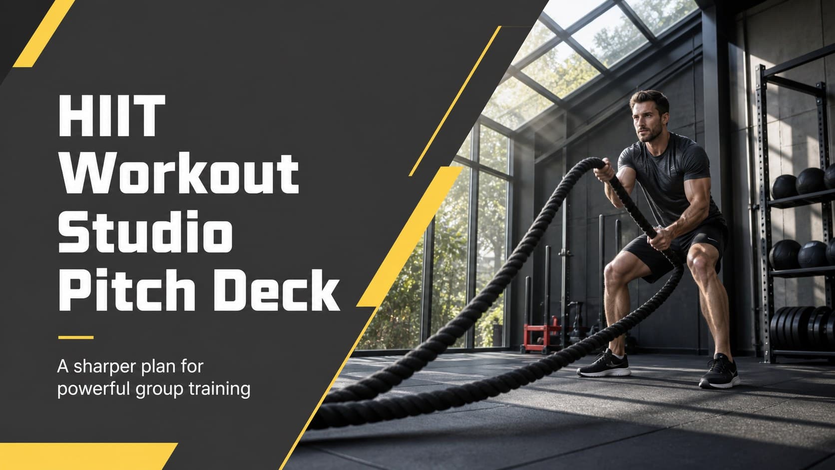 Cover slide for a HIIT workout studio pitch deck with bold yellow geometry and a modern gray fitness setting.