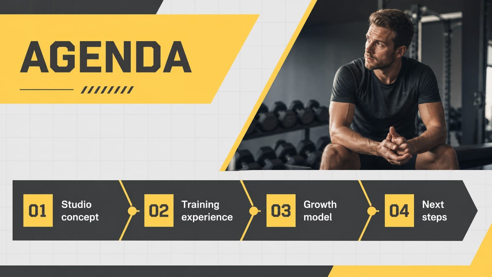 Agenda slide outlining the sections of a HIIT studio pitch presentation in a clean geometric layout.