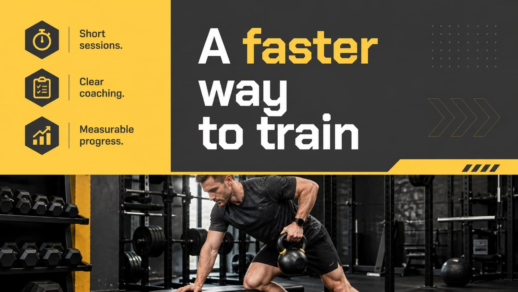 Fitness studio overview slide presenting a focused HIIT class concept with geometric yellow accents.