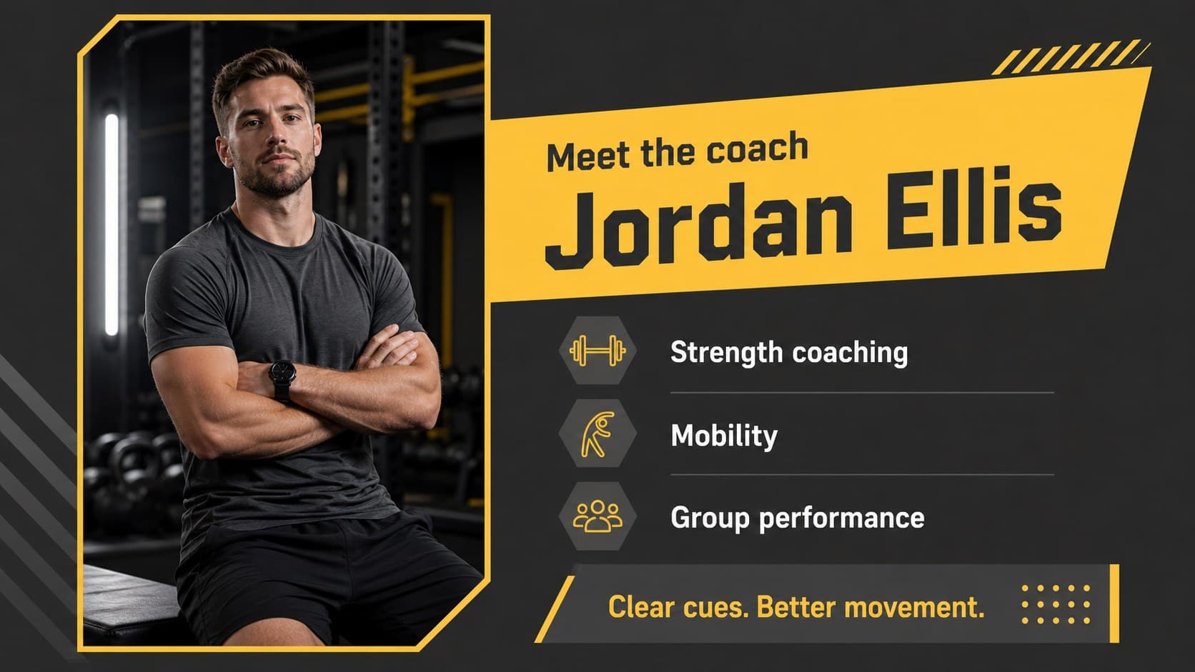 Coach profile slide introducing a new trainer with a professional fitness portrait and concise credentials.