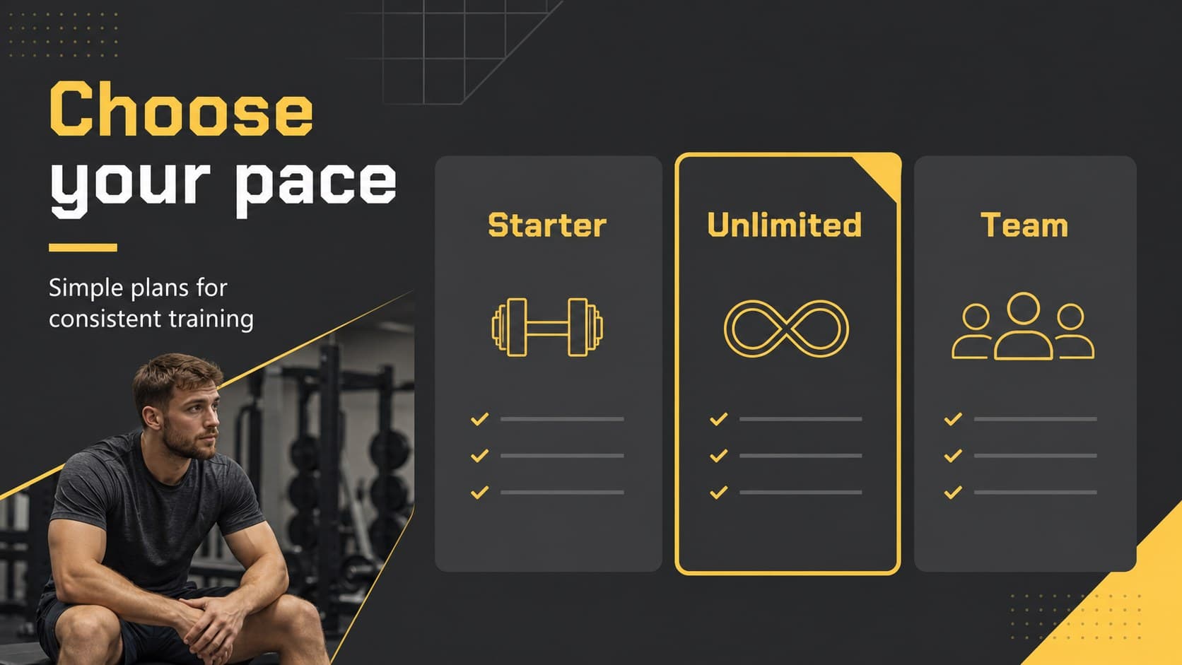 Membership options slide comparing starter, unlimited, and team training plans for a fitness studio.