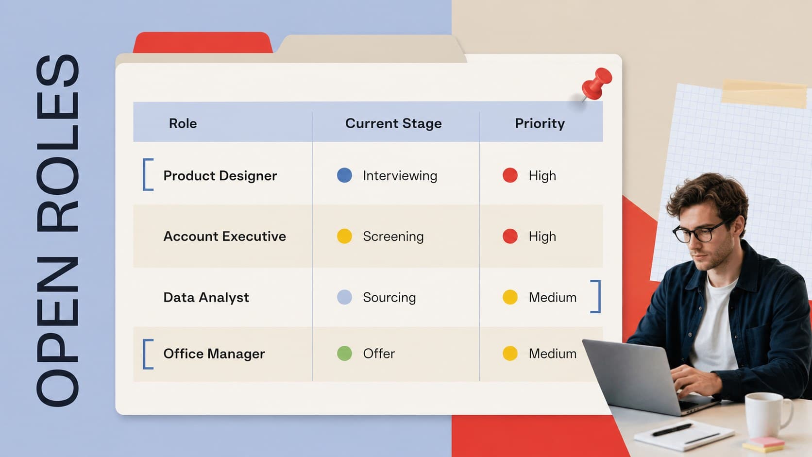 Open roles tracking presentation with hiring status, priority, and ownership details.