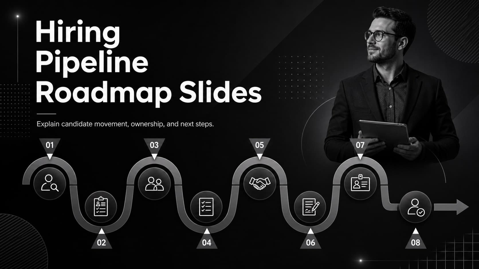 Cover slide for hiring pipeline roadmap slides showing a dark gradient recruitment pathway with editable stage markers.