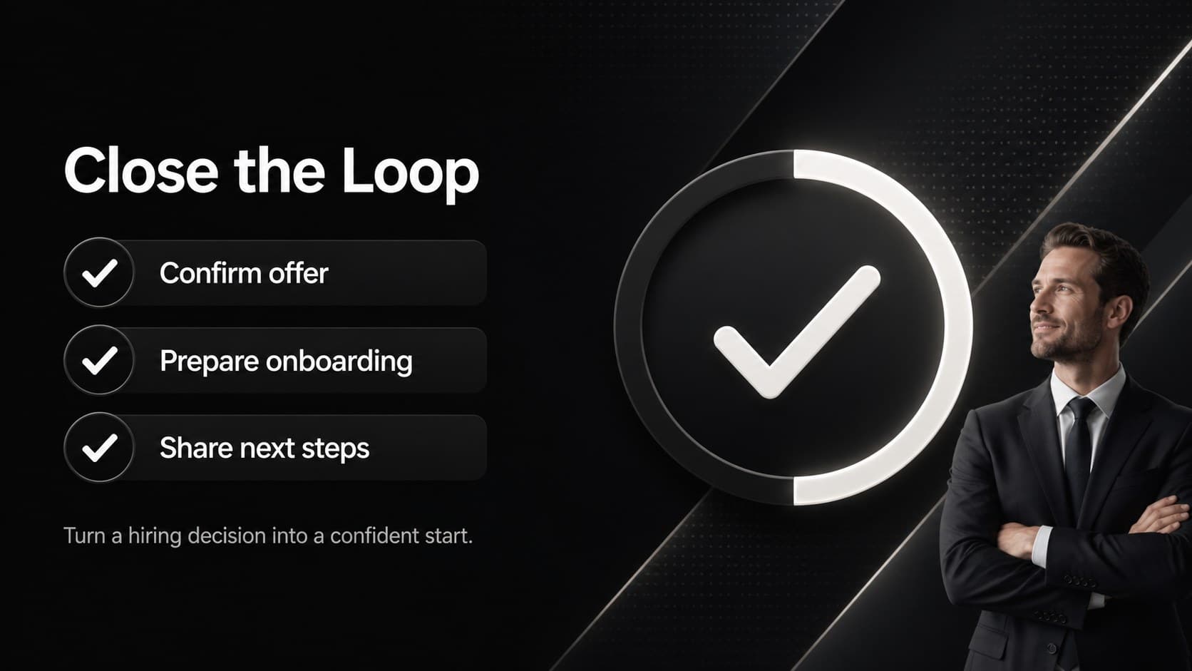 Hiring roadmap closing slide summarizing offer and onboarding handoffs with an editable next-steps checklist.