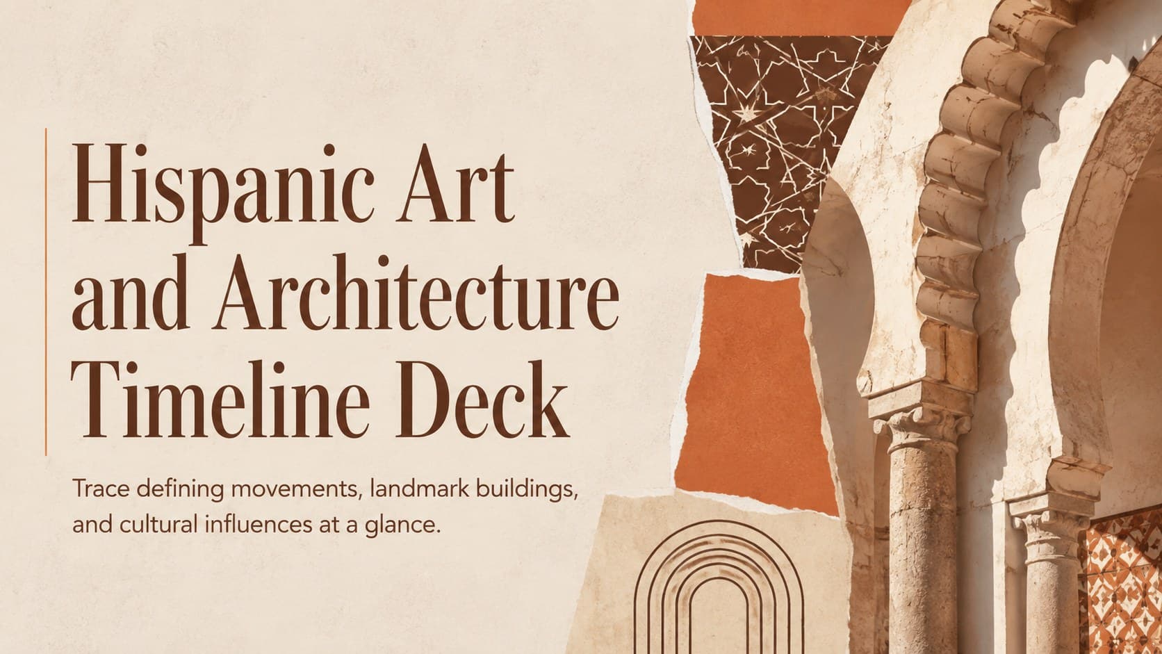 Cover of the Hispanic art and architecture timeline deck in a warm orange, brown, and white collage style.