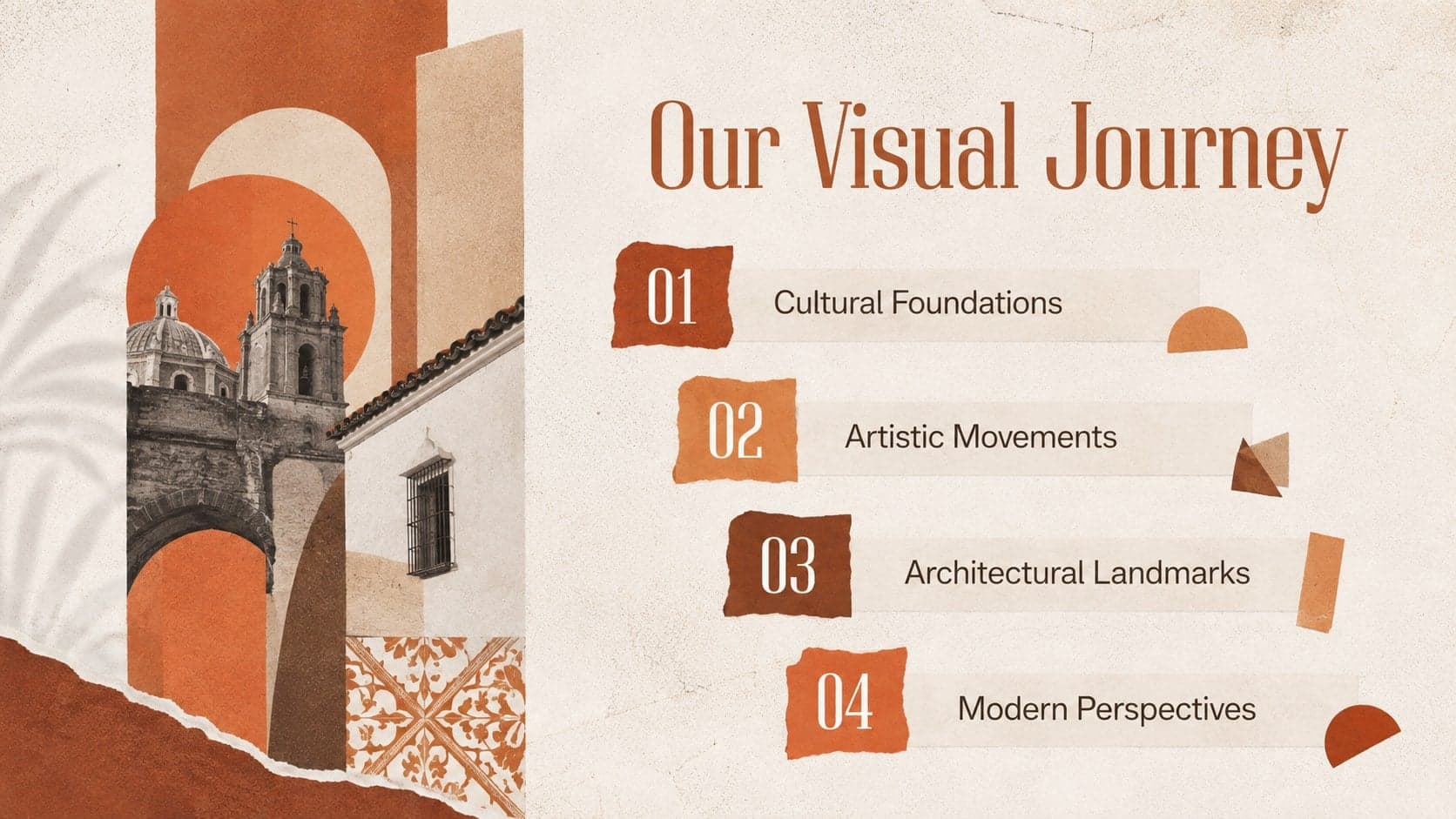 Agenda slide outlining the eras and themes in a Hispanic art history presentation.