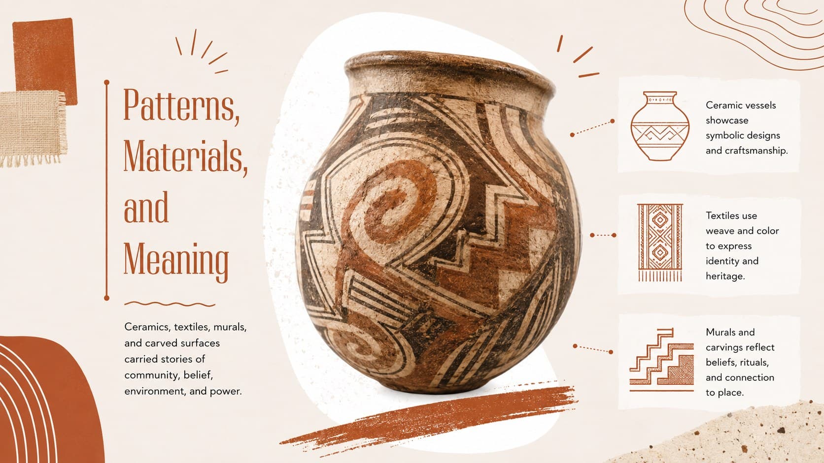 Visual lesson slide examining patterns, materials, and symbols in early Hispanic art traditions.