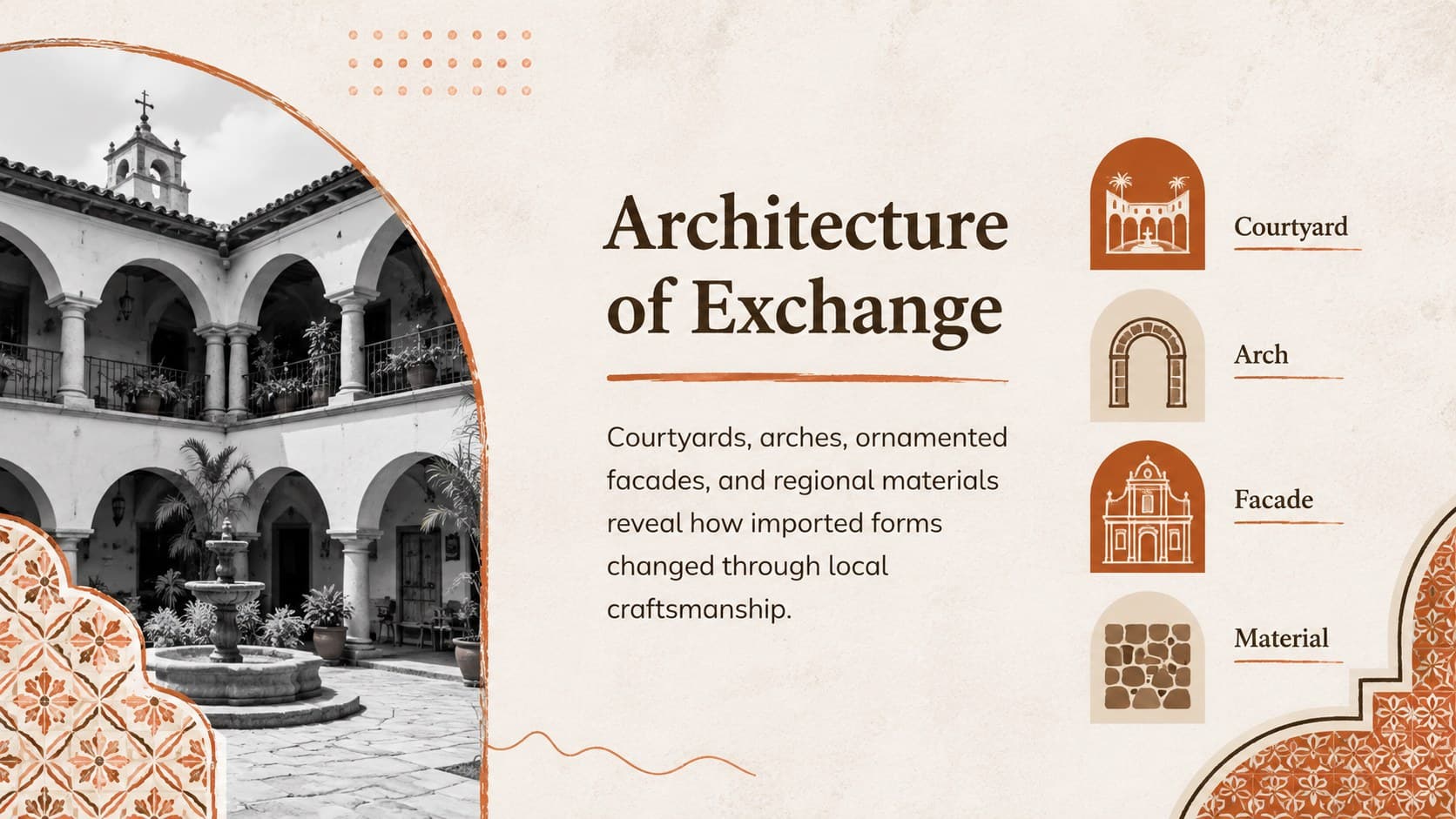 Spanish colonial architecture lesson slide highlighting courtyards, arches, facades, and regional craftsmanship.