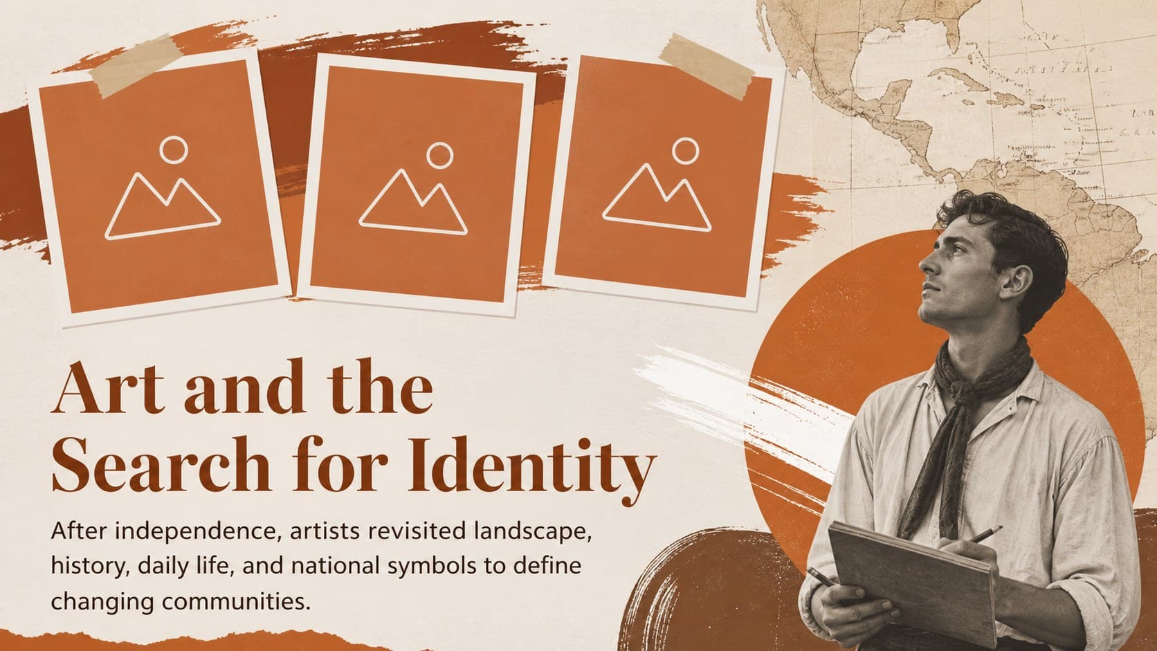 Independence and identity slide showing how national narratives influenced Hispanic art.