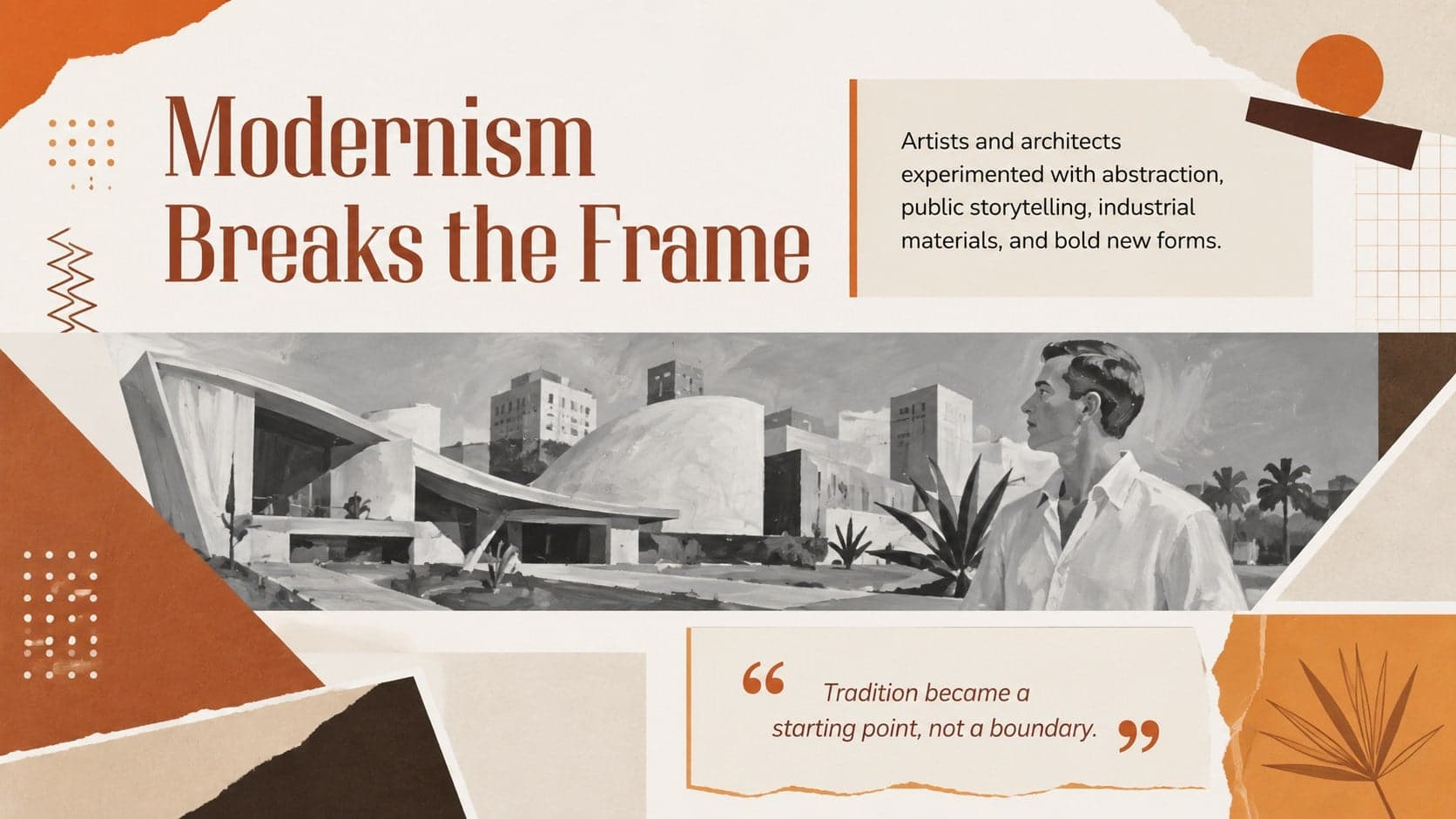 Modernism slide presenting experimentation in Hispanic painting, public art, and architecture.