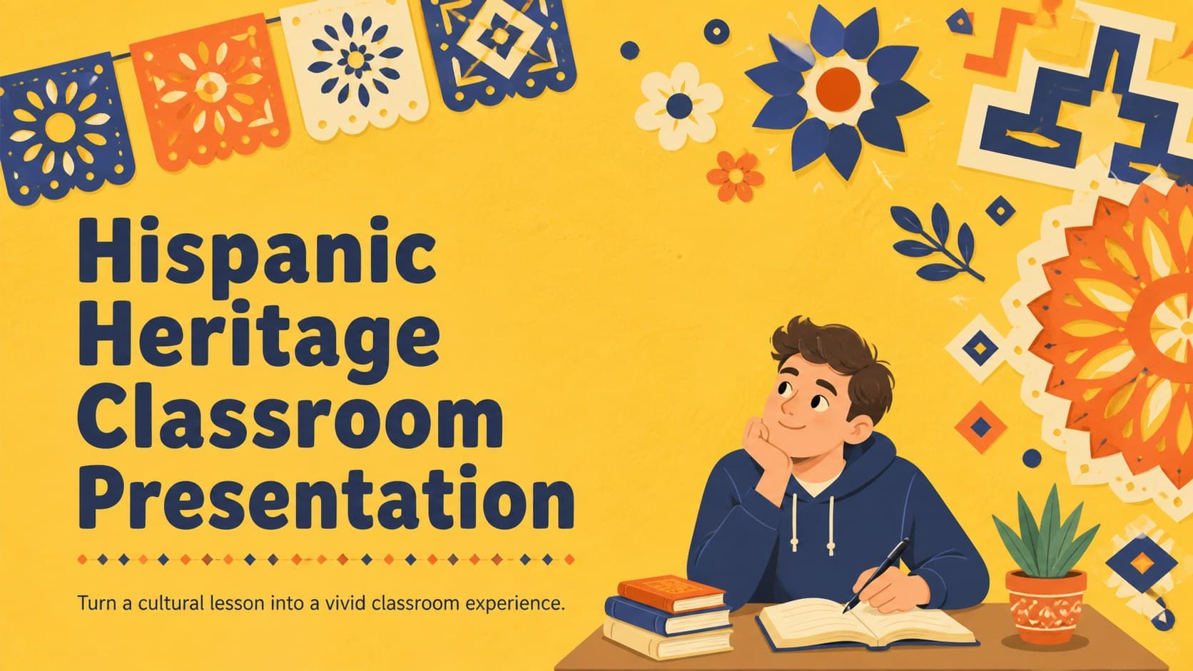 Yellow illustrated cover for a Hispanic heritage classroom presentation featuring festive cultural patterns.