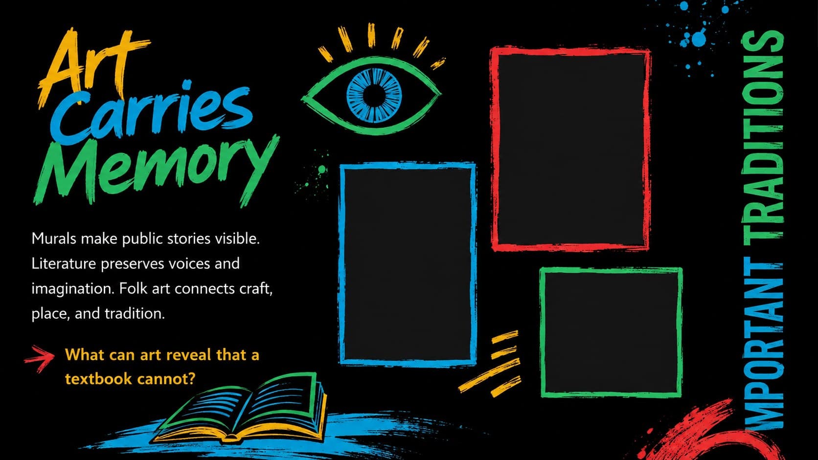 Latin American culture classroom slide presenting visual art, literature, and storytelling topics.