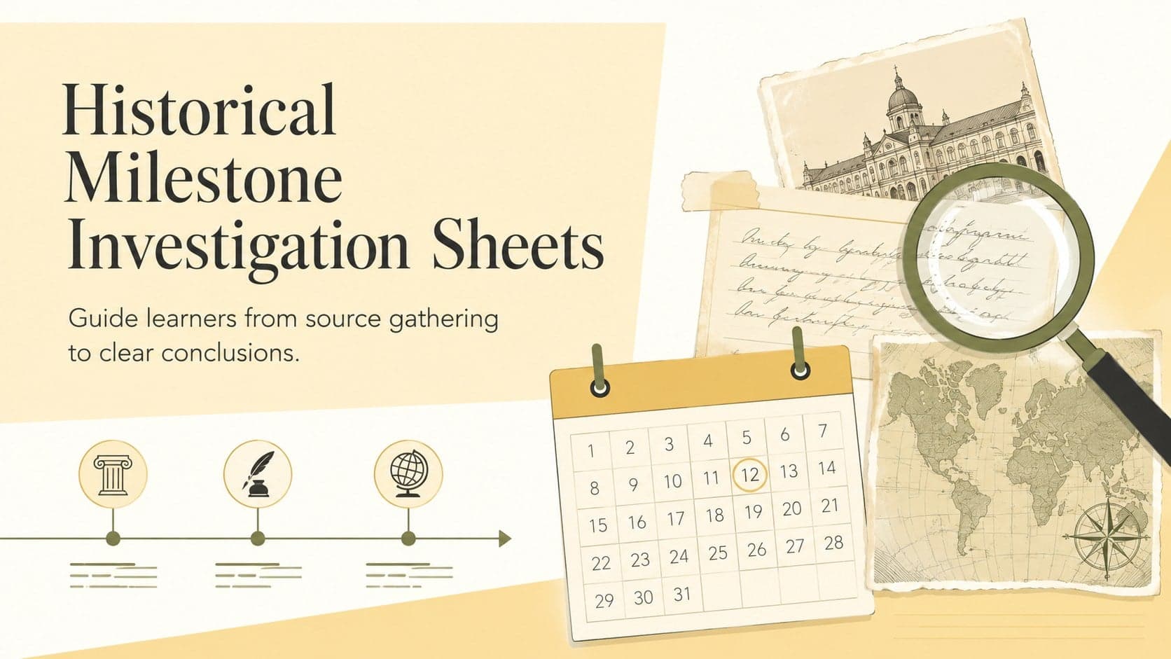 Yellow cover for Historical Milestone Investigation Sheets with research-inspired illustrations and a clean academic layout.