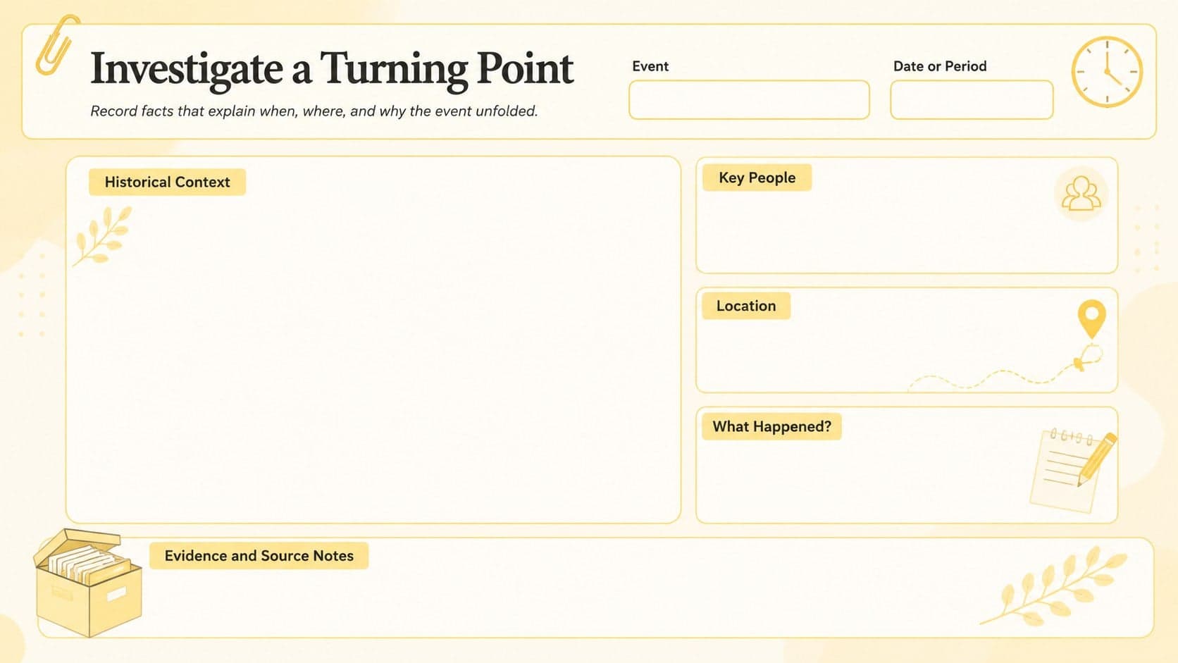 Editable historical event research organizer with sections for dates, context, people, evidence, and source notes.