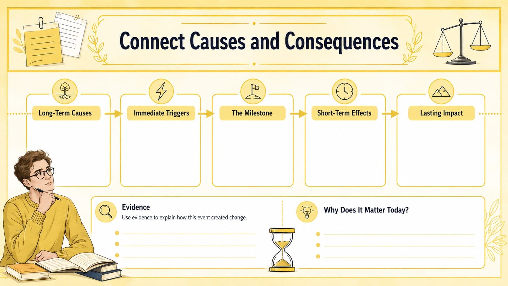 Cause and effect history worksheet in yellow with evidence, consequence, and lasting significance sections.