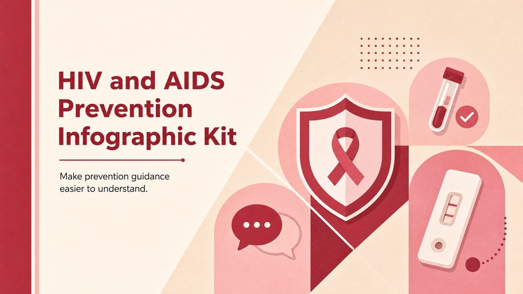 Cover of the HIV and AIDS prevention infographic kit with beige, red, and pink geometric health graphics.