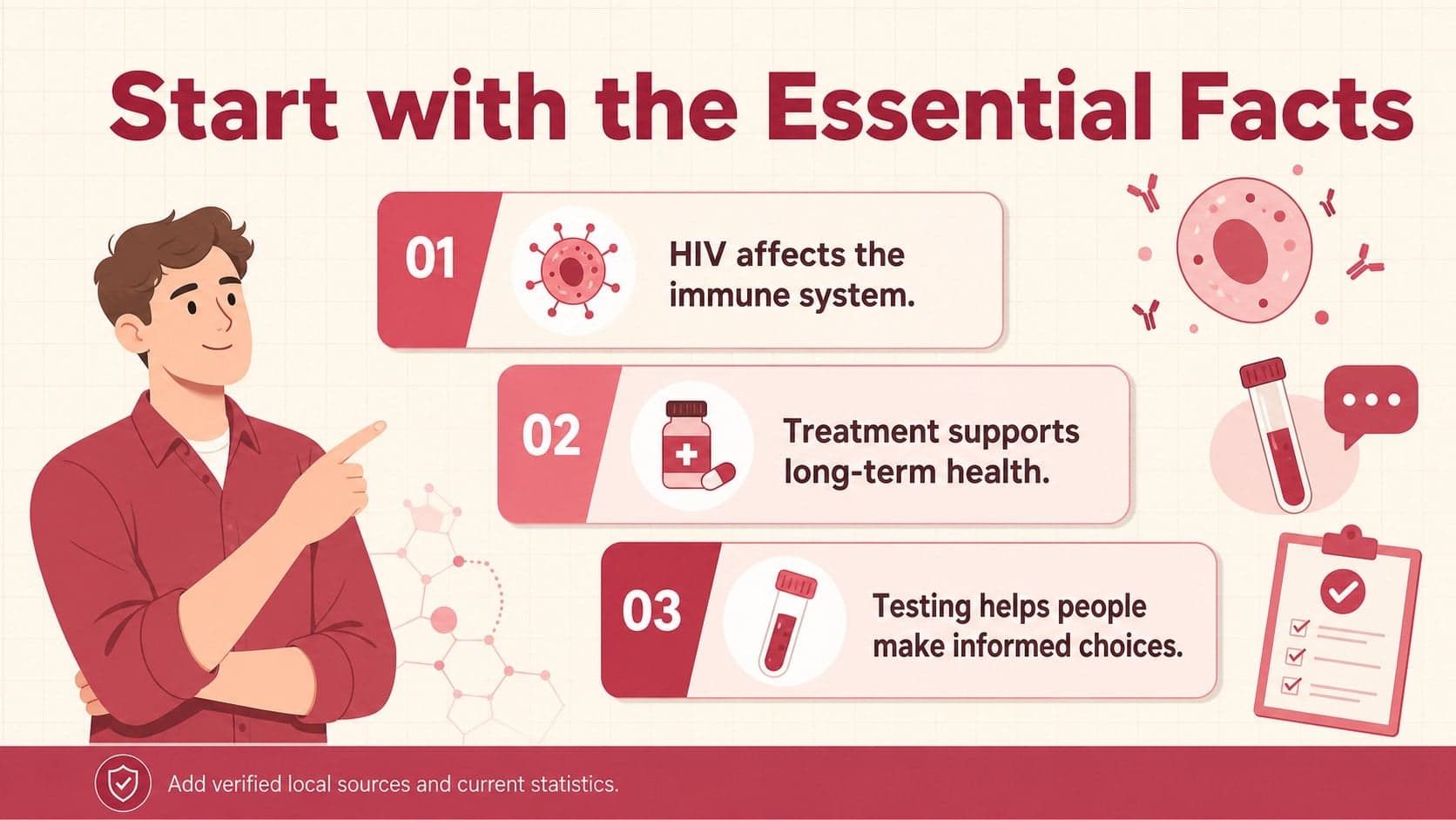 HIV education slide explaining essential facts through editable icons and concise information blocks.