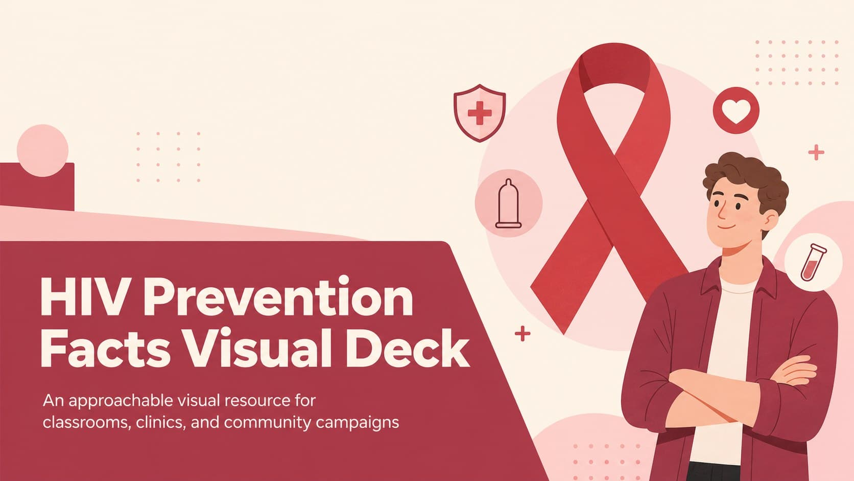 HIV prevention facts deck cover with geometric red and pink illustrations on a warm beige background.