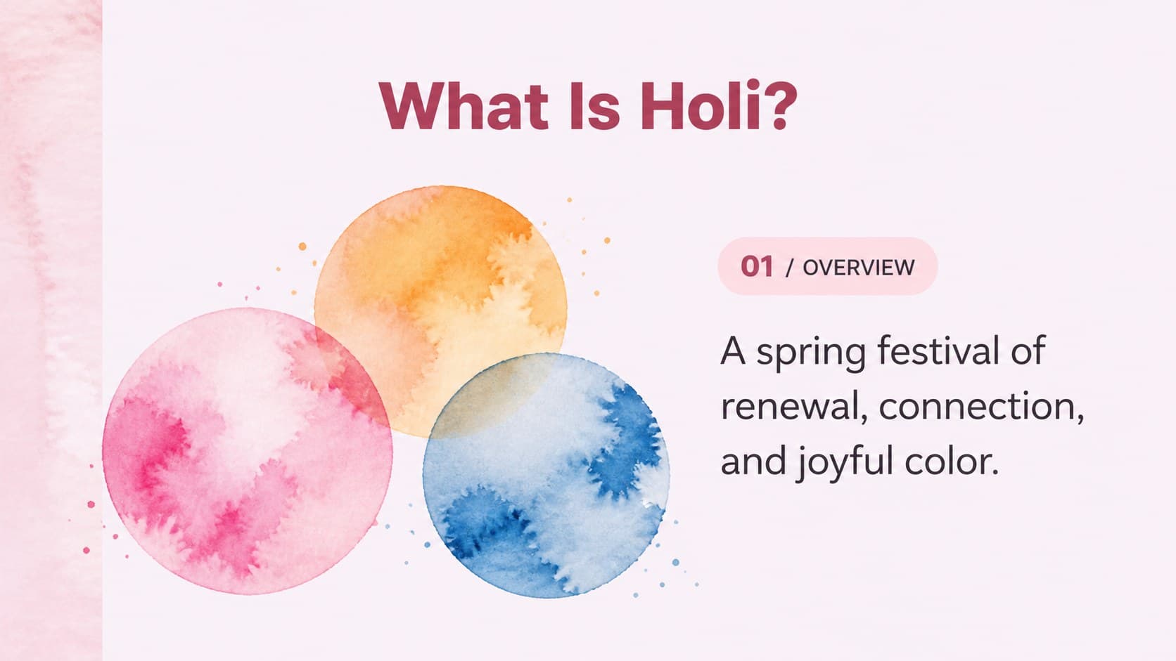 Holi classroom presentation slide introducing the festival through an editorial watercolor layout with pink panels and color details.